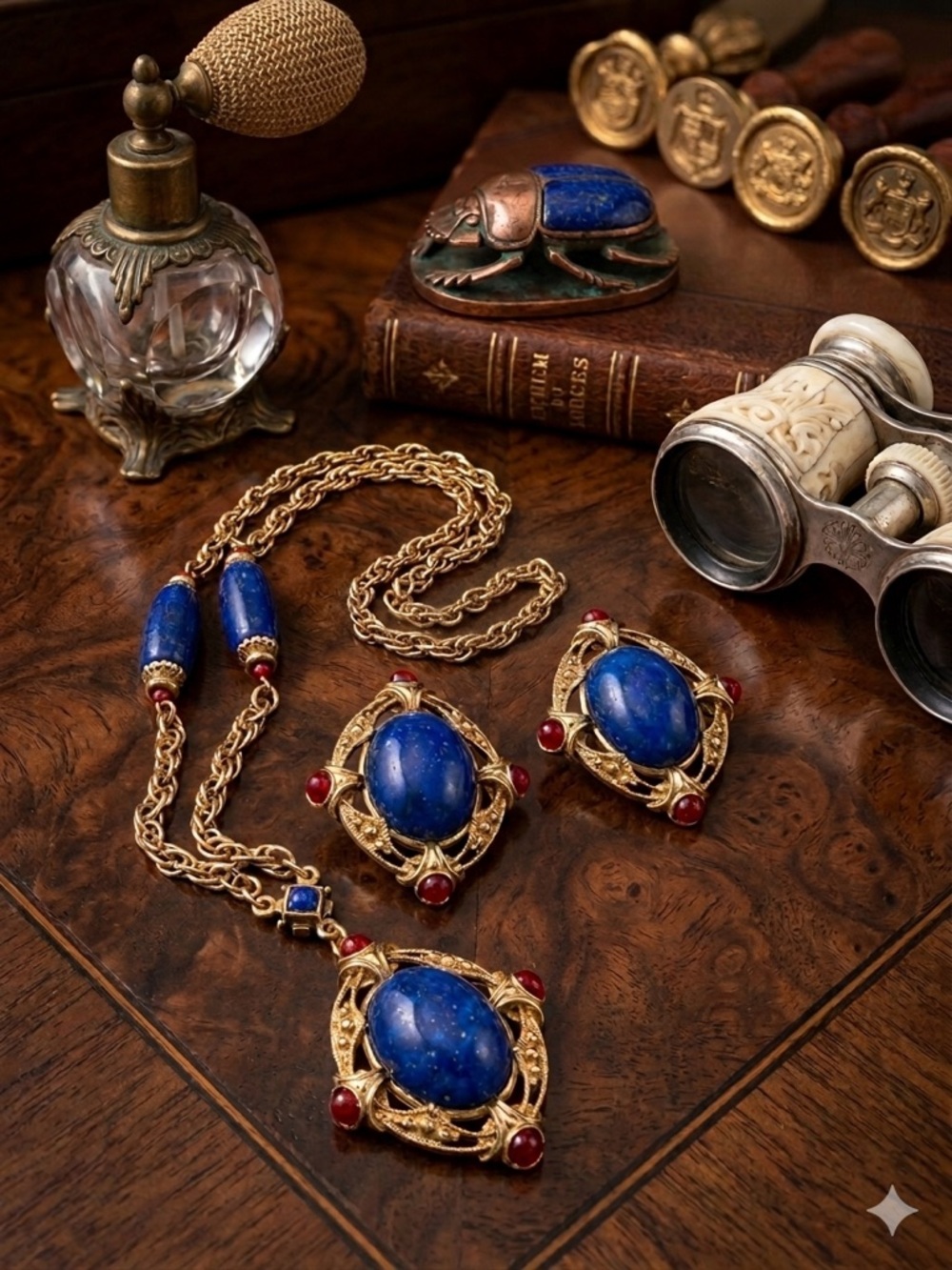Vintage 1928 Gold-Tone Necklace & Earrings Set with Faux Lapis Lazuli